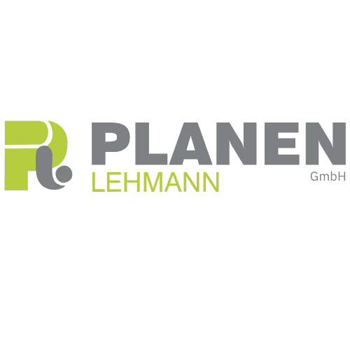 Logo der Planen Lehmann GmbH mit stilisiertem Symbol und Schriftzug in Grau und Grün.